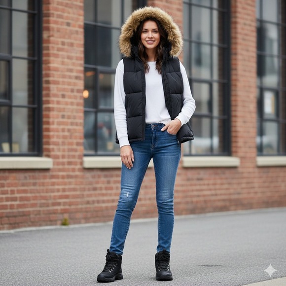 ABERCROMBIE FITCH Quilted Puffer Vest Black Removable‎ Faux Fur Hood Womens XL - Picture 2 of 12